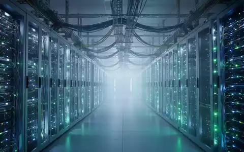 Weiter Serverraum mit blauen und grünen Lichtern unzähliger Serverracks, die den enormen Energieverbrauch eines Rechenzentrums betonen. - Foto: über boerse-global.de
