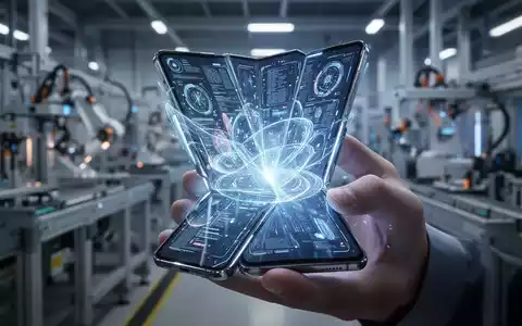 Schlankes, futuristisches Falt-Smartphone mit leuchtendem Bildschirm, in einer Hand gehalten, vor verschwommenem High-Tech-Fabrikhintergrund. - Foto: über boerse-global.de