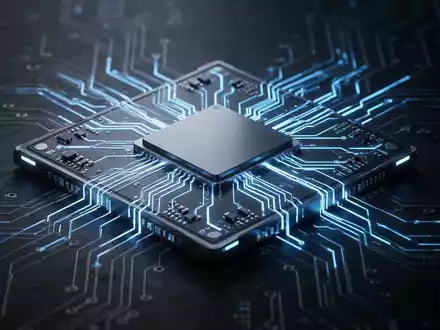 Nahaufnahme eines futuristischen Computerchips mit leuchtend blauen integrierten Grafikbahnen, die fortschrittliche Technologie symbolisieren. - Foto: über boerse-global.de