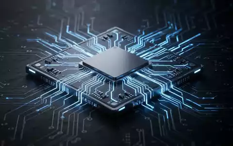 Nahaufnahme eines futuristischen Computerchips mit leuchtend blauen integrierten Grafikbahnen, die fortschrittliche Technologie symbolisieren. - Foto: über boerse-global.de