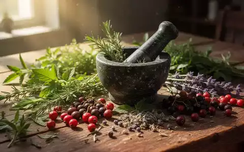 Nahaufnahme von verschiedenen Kräutern, Beeren und einem Mörser auf einem Holztisch, mit Sonnenlicht. Symbolisiert Naturprodukte und Heilkunde. - Foto: über boerse-global.de