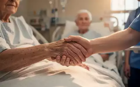 Eine ältere Hand wird sanft von einer jüngeren Hand gehalten, im Hintergrund verschwommenes Krankenhausambiente. - Foto: über boerse-global.de