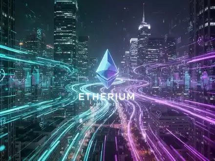 Digitale Ethereum-Blockchain-Datenströme fließen über eine futuristische Finanzstadt bei Nacht. - Foto: über boerse-global.de