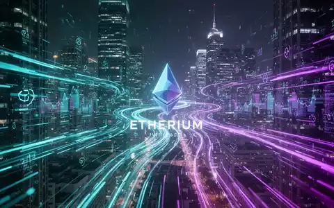 Digitale Ethereum-Blockchain-Datenströme fließen über eine futuristische Finanzstadt bei Nacht. - Foto: über boerse-global.de