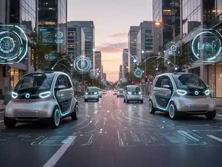 Mehrere kleine Elektrofahrzeuge fahren durch eine moderne Stadt. Das Bild symbolisiert flexible Mobilitätskonzepte und urbane Effizienz. - Foto: über boerse-global.de
