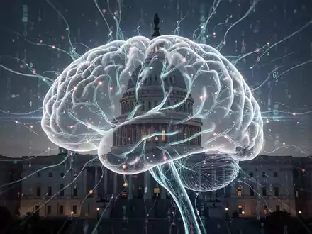 Digitales Gehirn mit leuchtenden Nervenbahnen, überlagert von einer subtilen Silhouette des US-Kapitols, symbolisiert KI-Politik. - Foto: über boerse-global.de