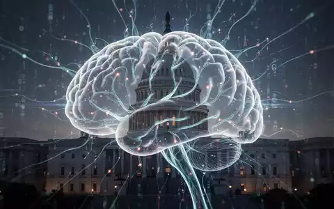 Digitales Gehirn mit leuchtenden Nervenbahnen, überlagert von einer subtilen Silhouette des US-Kapitols, symbolisiert KI-Politik. - Foto: über boerse-global.de