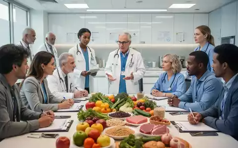 Ein Arzt und Patienten besprechen eine Auswahl an gesunden Lebensmitteln wie Gemüse, Obst und Vollkornprodukte an einem Tisch. - Foto: über boerse-global.de