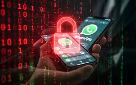 Eine stilisierte Darstellung von Cyberkriminalität: roter Binärcode und ein digitales Schloss auf einem Smartphone mit WhatsApp-ähnlicher Oberfläche. - Foto: über boerse-global.de