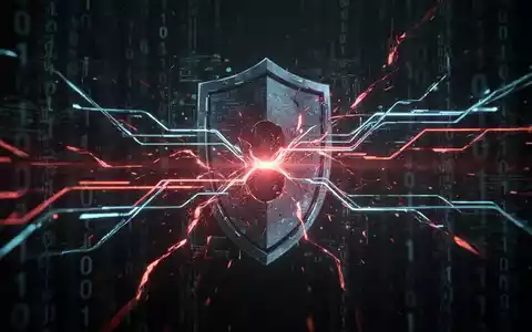 Digitale Firewall-Oberfläche mit leuchtenden Linien, die Datenfluss und Sicherheitsverletzungen darstellen, symbolisiert einen Cyberangriff und Datendiebstahl. - Foto: über boerse-global.de