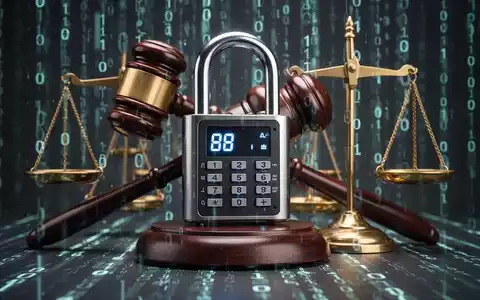 Digitales Vorhängeschloss mit Richthämmern und Waage der Gerechtigkeit vor Binärcode, symbolisiert rechtliche Zulässigkeit verschlüsselter Chats. - Foto: über boerse-global.de