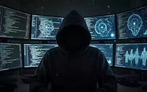 Verschwommene Gestalt in Kapuzenjacke vor Bildschirmen mit Code und biometrischen Daten, Symbol für KI-gestützten Online-Betrug. - Foto: über boerse-global.de