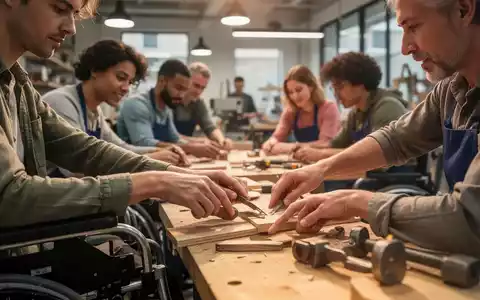 Menschen mit Behinderungen arbeiten in einer modernen Werkstatt, die Hände bei verschiedenen Tätigkeiten im Vordergrund. - Foto: über boerse-global.de