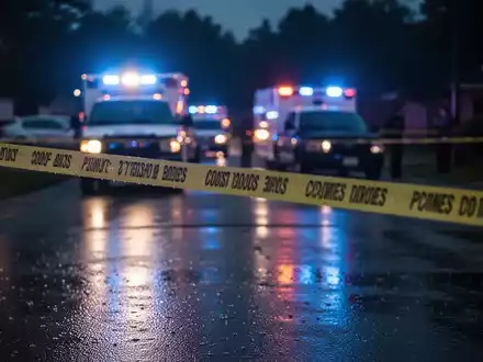 Polizeiliches Absperrband an einem Tatort in der Dunkelheit, Blaulicht von Einsatzfahrzeugen im Hintergrund. Regen auf dem Asphalt. - Foto: über boerse-global.de