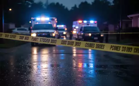 Polizeiliches Absperrband an einem Tatort in der Dunkelheit, Blaulicht von Einsatzfahrzeugen im Hintergrund. Regen auf dem Asphalt. - Foto: über boerse-global.de