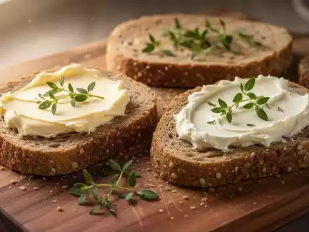 Nahaufnahme von Butter und Margarine auf zwei Scheiben Vollkornbrot mit frischen Kräutern auf einem Holzbrett. - Foto: über boerse-global.de