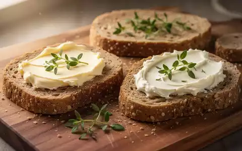 Nahaufnahme von Butter und Margarine auf zwei Scheiben Vollkornbrot mit frischen KrĂ€utern auf einem Holzbrett. - Foto: ĂŒber boerse-global.de