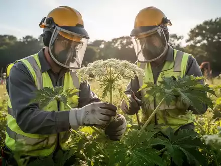 Ein Bauarbeiter in vollständiger Schutzkleidung inspiziert eine gefährlich aussehende Pflanze in einer grünen Landschaft. - Foto: über boerse-global.de