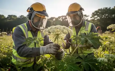 Ein Bauarbeiter in vollständiger Schutzkleidung inspiziert eine gefährlich aussehende Pflanze in einer grünen Landschaft. - Foto: über boerse-global.de