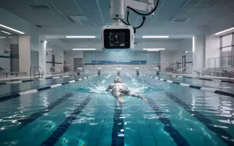 KI-gestütztes Kamerasystem über einem Schwimmbad, hebt eine untergetauchte Figur mit digitalen Overlays hervor. - Foto: über boerse-global.de