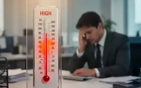 Ein Thermometer zeigt hohe Temperaturen an, im Hintergrund ein erschöpfter Büroangestellter. Symbolisiert Hitze am Arbeitsplatz. - Foto: über boerse-global.de