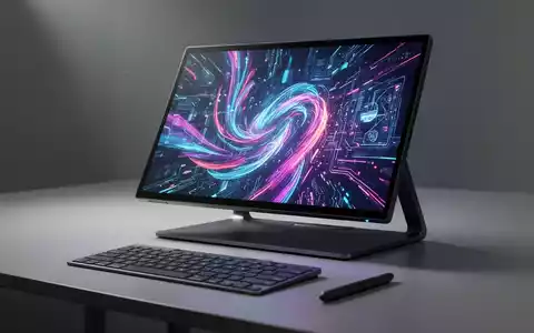 Ein schlanker portabler Monitor mit bunten Grafiken, daneben eine abgetrennte Tastatur und ein Stift auf einem minimalistischen Schreibtisch. - Foto: über boerse-global.de