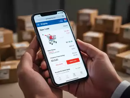Eine Hand hĂ€lt ein Smartphone mit einem Online-Warenkorb, im Hintergrund verschwommen Pakete. Symbolisiert steigende Kosten fĂŒr Online-Bestellungen. - Foto: ĂŒber boerse-global.de