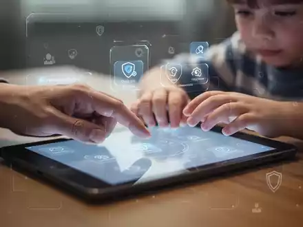 Eltern- und Kinderhände interagieren mit einem Tablet, symbolisiert digitales Wohlbefinden und Kindersicherung. - Foto: über boerse-global.de