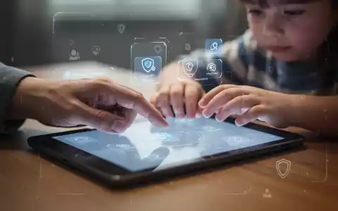 Eltern- und Kinderhände interagieren mit einem Tablet, symbolisiert digitales Wohlbefinden und Kindersicherung. - Foto: über boerse-global.de