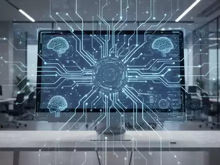 Futuristisches Computer-Interface mit leuchtend blauen KI-Elementen und Schaltkreisen, Symbol für fortschrittliche Technologie und künstliche Intelligenz. - Foto: über boerse-global.de
