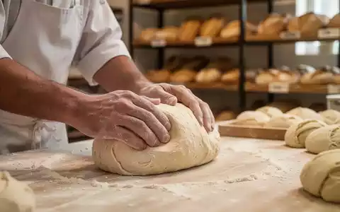 BĂ€ckerhĂ€nde formen Teig in einer hellen BĂ€ckerei am Sonntagmorgen, mit unscharfen Brotsregalen im Hintergrund. - Foto: ĂŒber boerse-global.de