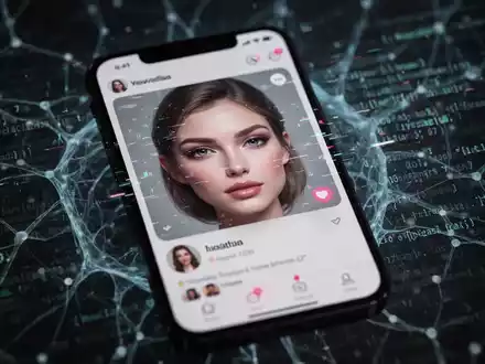 Ein Smartphone-Bildschirm zeigt ein Dating-Profil mit einem KI-generierten Gesicht, das leicht glitcht, vor einem Hintergrund aus digitalem Code. - Foto: über boerse-global.de