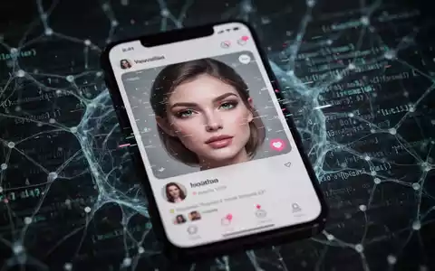 Ein Smartphone-Bildschirm zeigt ein Dating-Profil mit einem KI-generierten Gesicht, das leicht glitcht, vor einem Hintergrund aus digitalem Code. - Foto: über boerse-global.de