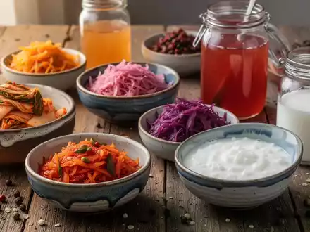 Nahaufnahme verschiedener fermentierter Lebensmittel wie Kimchi, Sauerkraut, Kombucha und Kefir in Schalen und Gläsern auf einem Holztisch. - Foto: über boerse-global.de