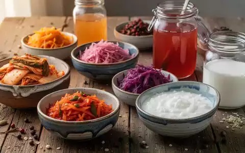 Nahaufnahme verschiedener fermentierter Lebensmittel wie Kimchi, Sauerkraut, Kombucha und Kefir in Schalen und Gläsern auf einem Holztisch. - Foto: über boerse-global.de