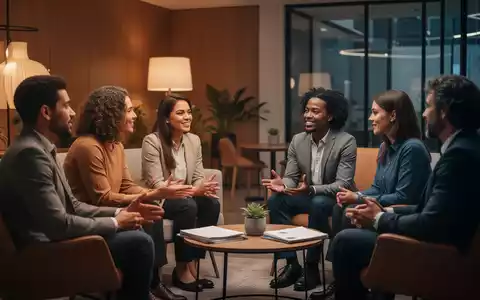 Eine Gruppe von Menschen sitzt in einem modern eingerichteten Raum zusammen und unterhält sich, symbolisch für Peer-Support. - Foto: über boerse-global.de