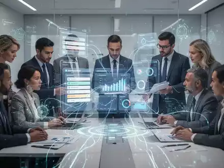 Fachleute arbeiten an einer holografischen Schnittstelle mit Projektmanagement-Dashboards und Daten, die neue Software-Alternativen symbolisieren. - Foto: über boerse-global.de