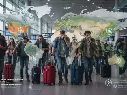 Reisende mit Gepäck in einem modernen Flughafenterminal, im Hintergrund eine digitale Weltkarte mit hervorgehobenen Krisenregionen. - Foto: über boerse-global.de
