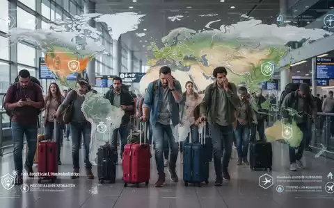 Reisende mit Gepäck in einem modernen Flughafenterminal, im Hintergrund eine digitale Weltkarte mit hervorgehobenen Krisenregionen. - Foto: über boerse-global.de