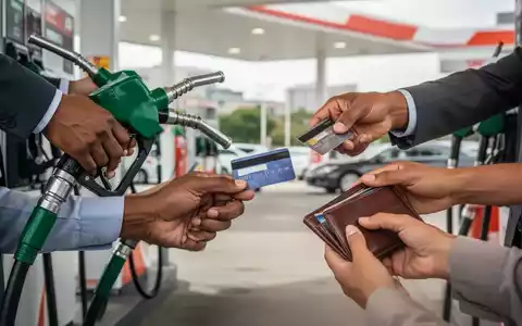 Hände halten Zapfpistolen und Kreditkarten an einer Tankstelle, symbolisieren Kraftstoffkosten und Steuerentlastungen. - Foto: über boerse-global.de