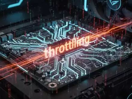Nahaufnahme eines Gaming-PC-Motherboards mit leuchtenden Komponenten und dezenter digitaler Überlagerung, die Leistungsdrosselung andeutet. - Foto: über boerse-global.de