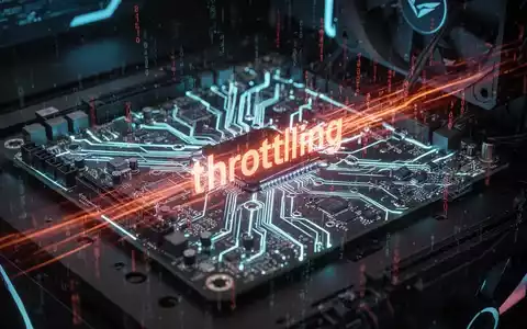 Nahaufnahme eines Gaming-PC-Motherboards mit leuchtenden Komponenten und dezenter digitaler Überlagerung, die Leistungsdrosselung andeutet. - Foto: über boerse-global.de