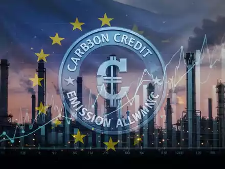 Eine stilisierte Darstellung von CO2-Emissionszertifikaten mit industriellen Silhouetten im Hintergrund, die Finanz- und Umweltregulierung verbindet. - Foto: über boerse-global.de