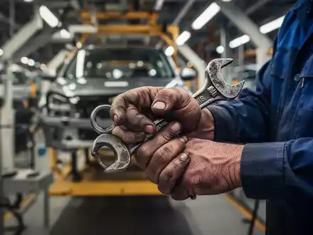 Nahaufnahme der Hände eines Fabrikarbeiters, der ein Werkzeug hält, mit einer verschwommenen Autofabrik im Hintergrund. - Foto: über boerse-global.de