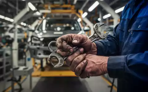 Nahaufnahme der Hände eines Fabrikarbeiters, der ein Werkzeug hält, mit einer verschwommenen Autofabrik im Hintergrund. - Foto: über boerse-global.de