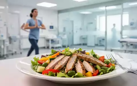 Eine gesunde Mahlzeit mit Salat und Proteinen neben einer Person, die sich in einem klinischen Umfeld leicht körperlich betätigt. - Foto: über boerse-global.de