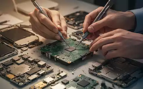 Nahaufnahme von Händen, die eine Leiterplatte mit Werkzeugen reparieren, umgeben von zerlegten elektronischen Bauteilen. - Foto: über boerse-global.de