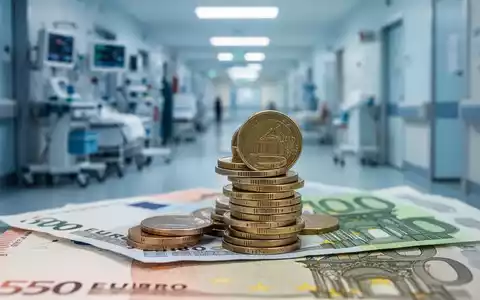 Ein Stapel Euro-Münzen und Banknoten mit unscharfem Hintergrund von medizinischer Ausrüstung, der Gesundheitskosten symbolisiert. - Foto: über boerse-global.de