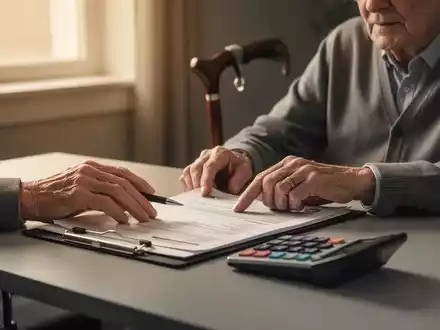 Eine Person in ihren 60ern mit einem subtilen Hilfsmittel betrachtet nachdenklich Dokumente auf einem Schreibtisch. - Foto: über boerse-global.de