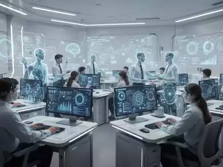Ein futuristisches Klassenzimmer mit Schülern, die mit holografischen Schnittstellen und KI-gestützten Lerntools interagieren. - Foto: über boerse-global.de